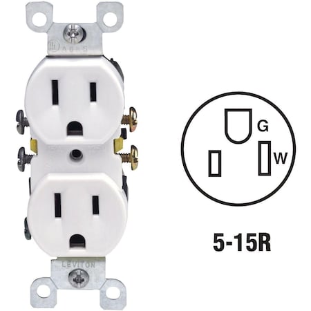 Leviton Straight Blade Receptacle, 5-15R, 15 A, 125V AC, 2 Pole, 3 Wire, Grounded 212-05320-WCP